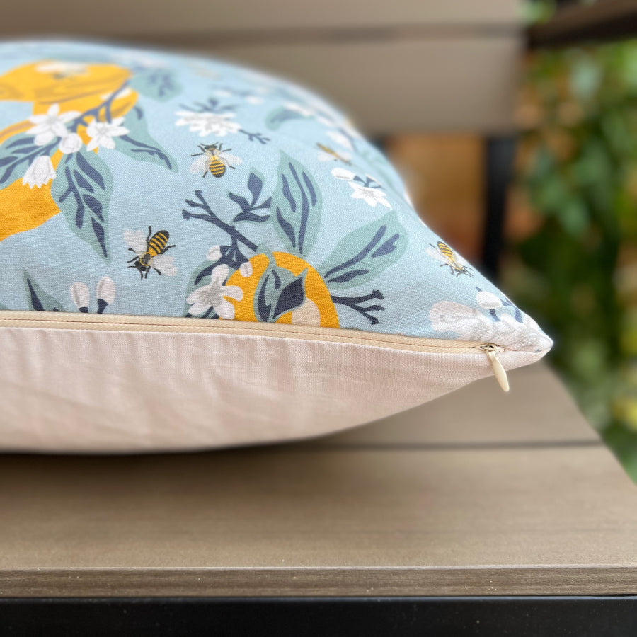 Bees & Lemons in Blue Cushion Cover